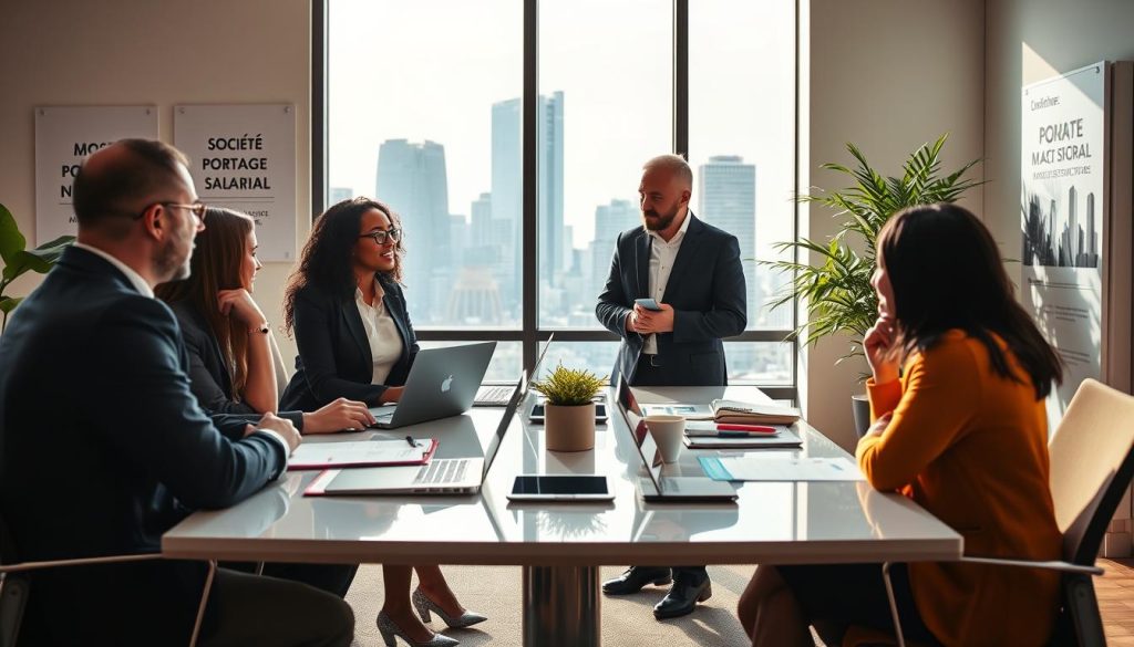A modern office environment showcasing a professional business consultation scene focused on the theme of "société portage salarial." In the foreground, a diverse group of three consultants in professional attire are engaged in discussion around a sleek conference table with laptops, notebooks, and charts. The middle ground features a large glass window providing natural light, framing a cityscape with skyscrapers in the distance. The background includes motivational business posters and greenery, creating an inviting atmosphere. Soft, warm lighting enhances the collaborative mood. This scene should embody professionalism and teamwork, emphasizing Umalis Group as a leading example of a portage salarial company. Use a slightly elevated angle to capture the essence of the interaction and the modern workspace. A modern office environment showcasing a professional business consultation scene focused on the theme of "société portage salarial." In the foreground, a diverse group of three consultants in professional attire are engaged in discussion around a sleek conference table with laptops, notebooks, and charts. The middle ground features a large glass window providing natural light, framing a cityscape with skyscrapers in the distance. The background includes motivational business posters and greenery, creating an inviting atmosphere. Soft, warm lighting enhances the collaborative mood. This scene should embody professionalism and teamwork, emphasizing Umalis Group as a leading example of a portage salarial company. Use a slightly elevated angle to capture the essence of the interaction and the modern workspace.