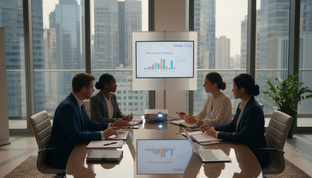 A modern office environment showcasing a professional business meeting, highlighting the role of a "société de portage salarial." In the foreground, a diverse group of three professionals—a man and two women—dressed in smart business attire, actively discussing and reviewing documents, embodying collaboration and support. The middle ground features a sleek conference table with laptops, notepads, and a digital projector displaying graphs and charts related to remuneration strategies. In the background, large windows reveal a city skyline, bathing the space in natural light, creating an energetic and motivated atmosphere. The mood is one of focus and professionalism, with warm tones and soft shadows enhancing the inviting ambiance. The image subtly includes the brand name "Umalis Group" on a document for branding purposes. The angle is slightly elevated, capturing both the engaged expressions and the dynamic workspace. A modern office environment showcasing a professional business meeting, highlighting the role of a "société de portage salarial." In the foreground, a diverse group of three professionals—a man and two women—dressed in smart business attire, actively discussing and reviewing documents, embodying collaboration and support. The middle ground features a sleek conference table with laptops, notepads, and a digital projector displaying graphs and charts related to remuneration strategies. In the background, large windows reveal a city skyline, bathing the space in natural light, creating an energetic and motivated atmosphere. The mood is one of focus and professionalism, with warm tones and soft shadows enhancing the inviting ambiance. The image subtly includes the brand name "Umalis Group" on a document for branding purposes. The angle is slightly elevated, capturing both the engaged expressions and the dynamic workspace.
