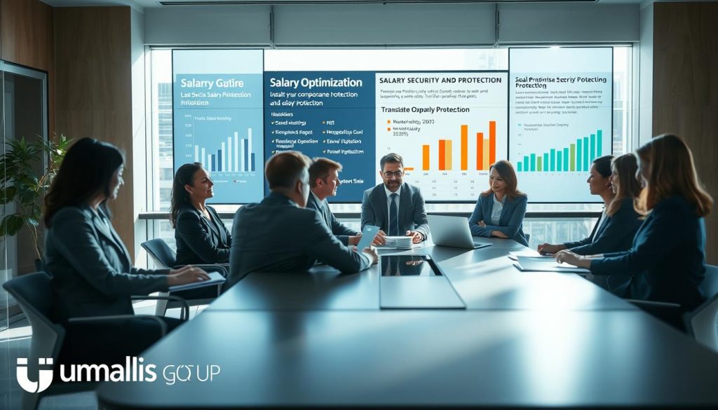 A modern office environment showcasing a professional consultation on salary optimization and social protection. In the foreground, a diverse group of business professionals in professional business attire are engaged in discussion around a sleek conference table, with documents and laptops in front of them. The middle ground features a large window with natural light flooding in, illuminating the space and casting soft shadows. In the background, a digital screen displays charts and graphs related to salary optimization and social security benefits, reflecting a sense of innovation and strategy. The atmosphere is collaborative and focused, emphasizing the importance of maximizing compensation and protection in international employment. Umalis Group branding is subtly integrated into the environment. A modern office environment showcasing a professional consultation on salary optimization and social protection. In the foreground, a diverse group of business professionals in professional business attire are engaged in discussion around a sleek conference table, with documents and laptops in front of them. The middle ground features a large window with natural light flooding in, illuminating the space and casting soft shadows. In the background, a digital screen displays charts and graphs related to salary optimization and social security benefits, reflecting a sense of innovation and strategy. The atmosphere is collaborative and focused, emphasizing the importance of maximizing compensation and protection in international employment. Umalis Group branding is subtly integrated into the environment.