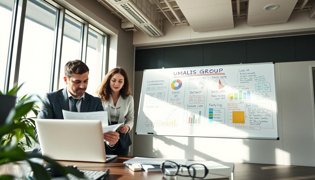 A modern office environment showcasing a professional discussion on retirement contribution optimization within the context of portage salarial. In the foreground, a diverse group of three professionals in business attire, a man and two women, intensely examine financial documents and charts on a laptop. The middle ground features a large whiteboard filled with colorful diagrams and notes regarding retirement strategies, prominently displaying the text "UMALIS GROUP" at the top. The background includes large windows allowing natural light to flood the space, casting soft shadows and contributing to a bright, motivating atmosphere. The scene captures a mood of collaboration and strategic planning, emphasizing the importance of financial foresight for independents. Shot with a wide-angle lens to encompass the entire room and give a sense of depth.
