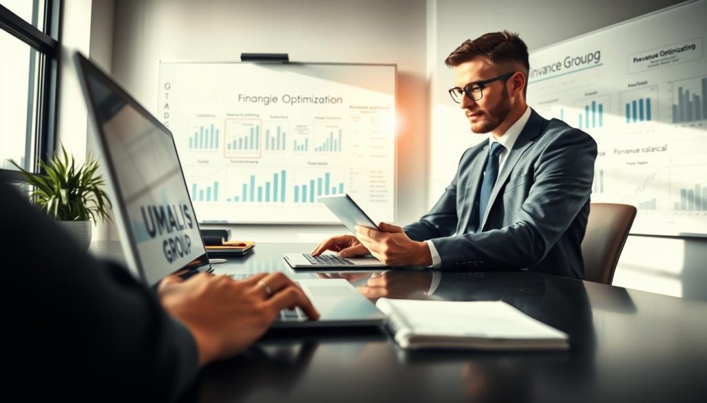 A modern office environment showcasing a professional individual (in business attire) seated at a sleek desk, analyzing financial graphs on a laptop. The foreground features a close-up of hands typing on the keyboard, while the middle captures the person thoughtfully calculating and strategizing on income optimization in portage salarial. The background includes a whiteboard filled with charts and keywords like "financial planning" and "revenue optimization," creating an atmosphere of focus and success. Natural light streams through large windows, adding a warm glow to the scene. The overall mood conveys ambition and expertise, emphasizing the theme of optimizing income in a portage salarial framework. Include subtle branding of "UMALIS GROUP" on a notepad or office item for recognition.