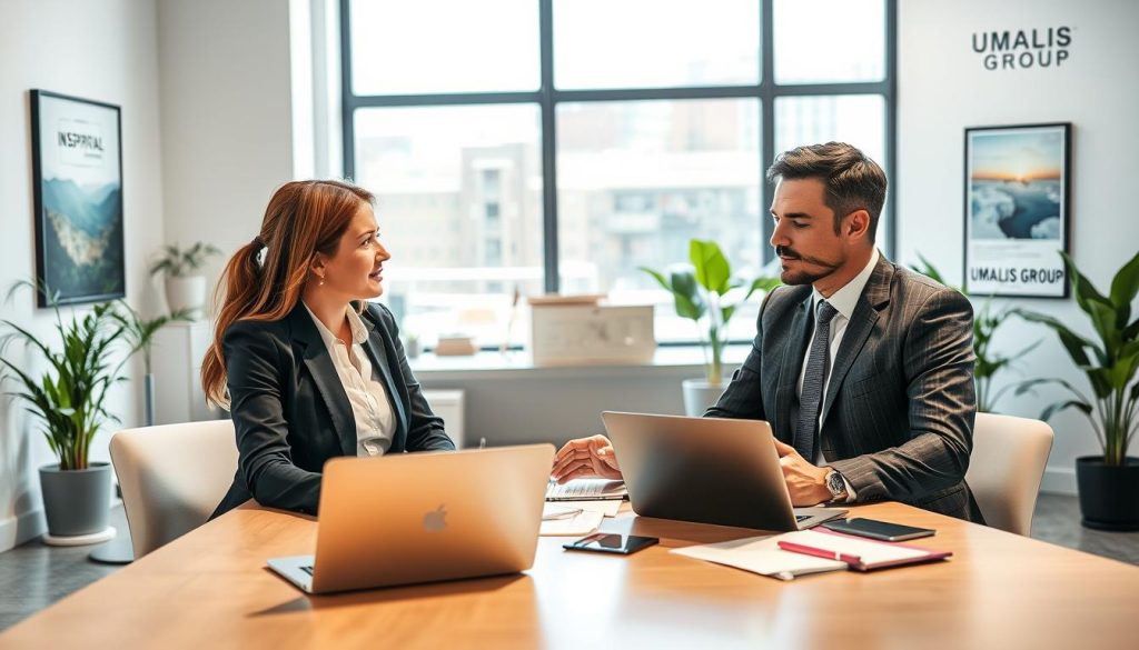 A modern office environment showcasing a professional interaction between a business consultant and a client. In the foreground, the consultant, a woman in smart business attire, is attentively listening to the client's concerns, a man dressed in a neat, tailored suit. On the desk between them, there are laptops, digital tablets, and documents, indicating an organized workflow. In the middle ground, a large window allows natural light to stream in, enhancing the atmosphere of productivity and efficiency. The background features inspirational artwork on the walls and potted plants for a touch of greenery. The overall mood is collaborative and focused, embodying the essence of a streamlined client relationship process, with the brand name "UMALIS GROUP" subtly displayed on a visible wall poster. The image should have bright lighting, captured from a slightly elevated angle to provide a comprehensive view of the scene.