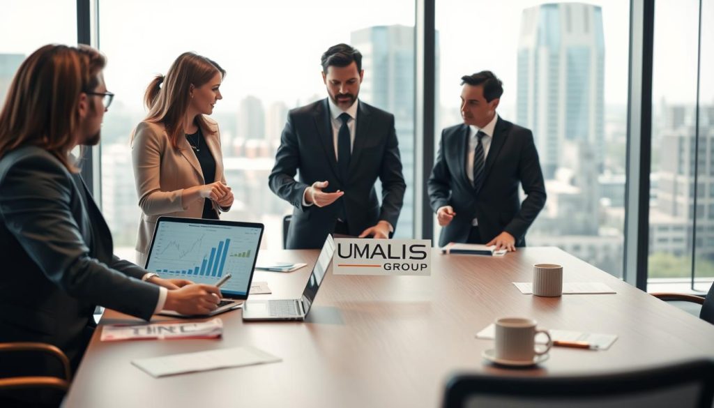 A modern office environment showcasing a professional meeting about "portage salarial." In the foreground, a diverse group of four professionals—two men and two women—are engaged in discussion, each dressed in smart business attire. One woman points at a laptop screen displaying financial data, while a man takes notes. In the middle ground, a large conference table with papers, a laptop, and coffee mugs. The background features a large window letting in natural light, revealing a cityscape. Soft focus on the background adds depth. The mood is collaborative and focused, capturing the essence of independent work and professional growth. Include the logo of "UMALIS GROUP" subtly on a presentation slide on the table.