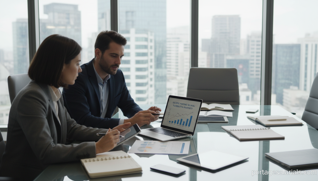 A modern office environment showcasing a professional meeting about the concept of "société portage salarial" and project management. In the foreground, diverse professionals in business attire—one woman and two men—collaboratively discussing while looking at a laptop and charts. In the middle, a glass meeting table surrounded by contemporary office chairs, with notebooks, pens, and digital devices scattered around. The background features large windows with a city skyline, letting in soft, natural light, creating an inspiring and motivational atmosphere. The overall mood is focused and dynamic, highlighting collaboration and strategic planning. Include the branding element "portagesalarials.com" subtly in a corner of the image to enhance the professional context.