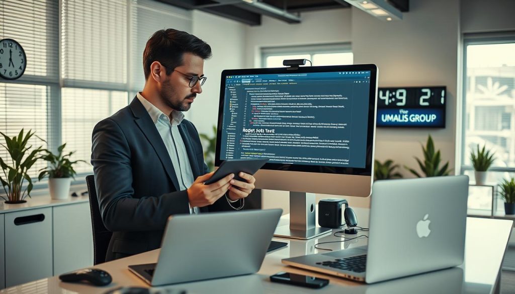 A modern office environment showcasing a professional web developer analyzing a computer screen displaying a "robots.txt" file. In the foreground, the developer, dressed in smart business casual attire, is deeply focused, taking notes on a digital tablet while referencing the screen. The middle ground features an elegant desk cluttered with tech gadgets, a sleek laptop, and window blinds partially opened to allow natural light to cascade in, creating a warm, inviting atmosphere. The background consists of a minimalist office design with potted plants and digital clocks showing different time zones. The overall mood is one of concentration and innovation, reflecting the technical foundations of rapid indexing. Include subtle branding of "UMALIS GROUP" on a digital display in the background.