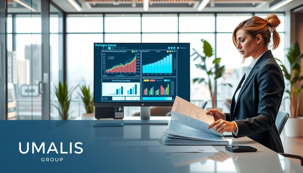 A modern office environment showcasing a professional workspace dedicated to a consulting company specializing in "portage salarial." In the foreground, a confident businesswoman dressed in smart business attire is reviewing financial documents and charts on a sleek desk, symbolizing analysis and decision-making. The middle features a high-tech computer screen displaying a detailed salary simulation interface, with graphs and numbers visually depicting salary projections. The background exhibits a bright and airy office space adorned with glass walls, city skyline views, and plants for a touch of greenery, conveying a sense of professionalism and productivity. The lighting is soft and inviting, creating a warm and focused atmosphere. The brand logo "UMALIS GROUP" is subtly included as part of the office decor.