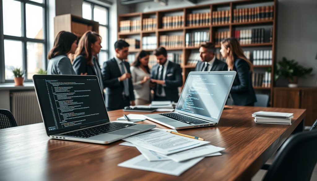 A modern office environment showcasing a professional workspace dedicated to "portage salarial". In the foreground, a sleek wooden desk cluttered with application code documents, an open laptop displaying lines of code, and a note pad with regulatory guidelines. In the middle, a diverse group of professionals in business attire, engaged in a discussion around the desk, analyzing the code and pointing at the screen. The background features large windows with natural light flooding in, creating a bright and productive atmosphere. The room is equipped with shelves filled with legal textbooks and compliance manuals, emphasizing the theme of regulatory compliance. Soft focus on the background elements, capturing the essence of a collaborative and compliant workspace. A modern office environment showcasing a professional workspace dedicated to "portage salarial". In the foreground, a sleek wooden desk cluttered with application code documents, an open laptop displaying lines of code, and a note pad with regulatory guidelines. In the middle, a diverse group of professionals in business attire, engaged in a discussion around the desk, analyzing the code and pointing at the screen. The background features large windows with natural light flooding in, creating a bright and productive atmosphere. The room is equipped with shelves filled with legal textbooks and compliance manuals, emphasizing the theme of regulatory compliance. Soft focus on the background elements, capturing the essence of a collaborative and compliant workspace.