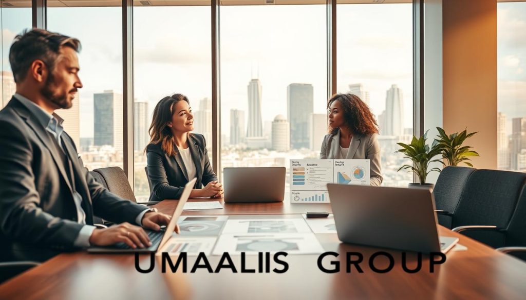 A modern office environment showcasing a tripartite relationship in portage salarial. In the foreground, a diverse group of three professionals – a Caucasian man, an Asian woman, and a Black woman – is engaged in a discussion, all dressed in smart business attire. The middle ground features a large conference table with laptops, documents, and charts illustrating web project relationships. In the background, a large window reveals a vibrant city skyline, symbolizing opportunity and growth. Soft, warm lighting accentuates the collaborative atmosphere. Use a wide-angle lens to capture the scene's depth, emphasizing teamwork and professionalism. Incorporate the brand name "UMALIS GROUP" subtly in the office decor. A modern office environment showcasing a tripartite relationship in portage salarial. In the foreground, a diverse group of three professionals – a Caucasian man, an Asian woman, and a Black woman – is engaged in a discussion, all dressed in smart business attire. The middle ground features a large conference table with laptops, documents, and charts illustrating web project relationships. In the background, a large window reveals a vibrant city skyline, symbolizing opportunity and growth. Soft, warm lighting accentuates the collaborative atmosphere. Use a wide-angle lens to capture the scene's depth, emphasizing teamwork and professionalism. Incorporate the brand name "UMALIS GROUP" subtly in the office decor.