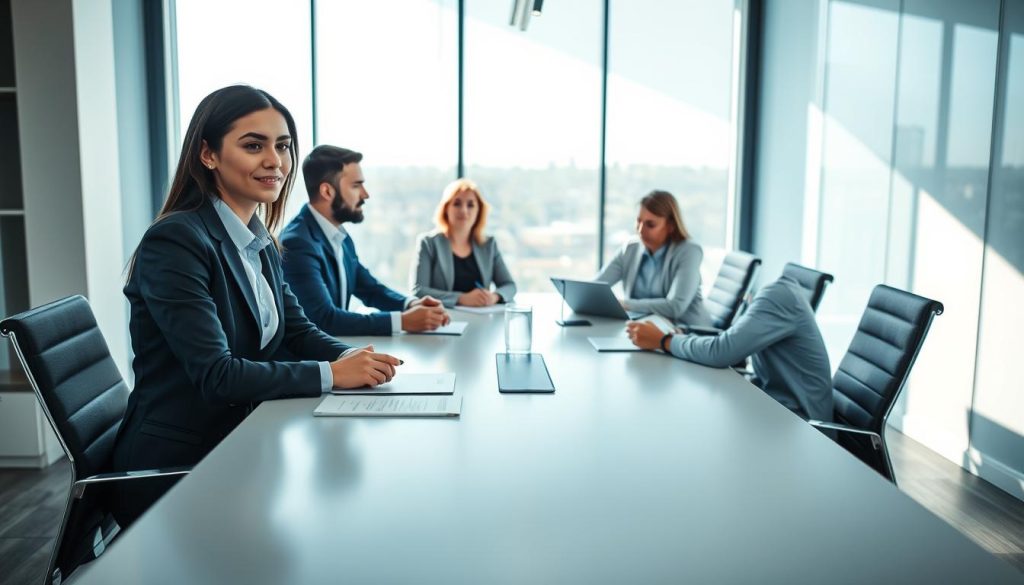 A modern office environment showcasing a tripartite relationship in "société portage." In the foreground, a professional young graduate in business attire discusses confidently with a representative from UMALIS GROUP, an established société de portage, seated at a sleek conference table. In the middle ground, a client representative, dressed in smart casual clothing, listens attentively. The background features a large window with natural light flooding in, casting soft shadows. The atmosphere conveys collaboration and professionalism, with a subtle color palette of blues and greys, enhancing focus on the discussion. Capture this scene with a wide-angle lens for depth, spotlighting faces to emphasize engagement and connection in a busy office setting.
