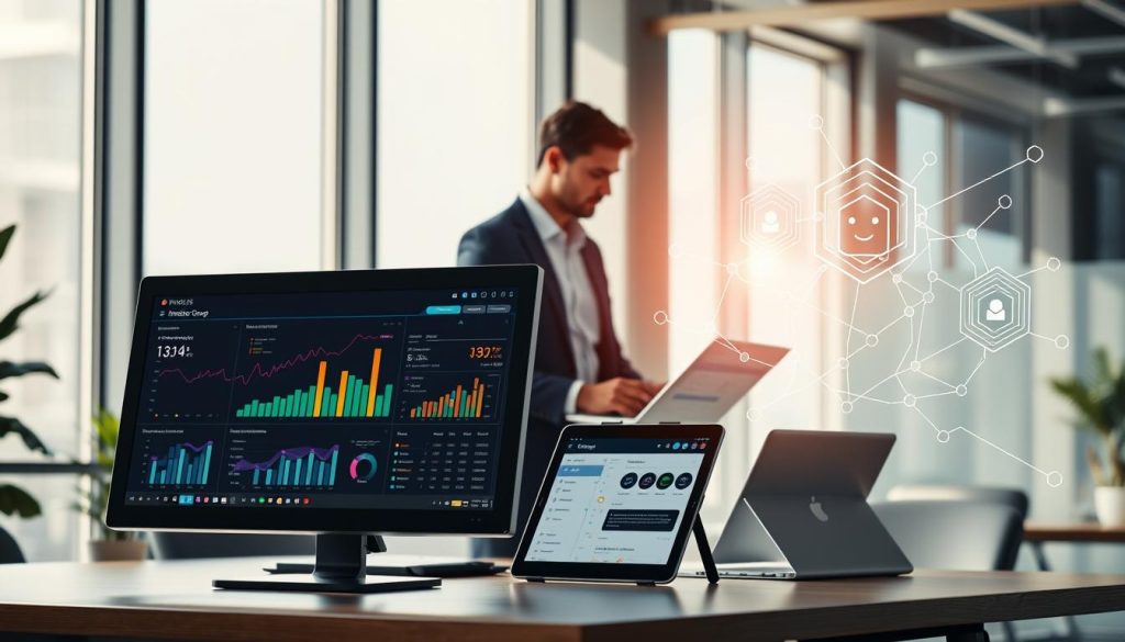 A modern office environment showcasing artificial intelligence tools for invoice tracking. In the foreground, a sleek desktop computer displays a colorful dashboard filled with graphs and analytics related to invoice management. Beside the computer, a digital tablet shows a streamlined app interface. The middle ground features a professional dressed in business attire, analyzing data on their laptop, exuding focus and productivity. In the background, a large window allows natural light to flood in, creating a bright and inspiring atmosphere. Subtle hints of technology, such as a virtual assistant hologram and AI algorithms visualized as flowing lines, enhance the theme of innovation. The branding "UMALIS GROUP" is subtly integrated into the workspace design. The entire scene conveys efficiency, modernity, and a forward-thinking approach to invoicing with AI tools.