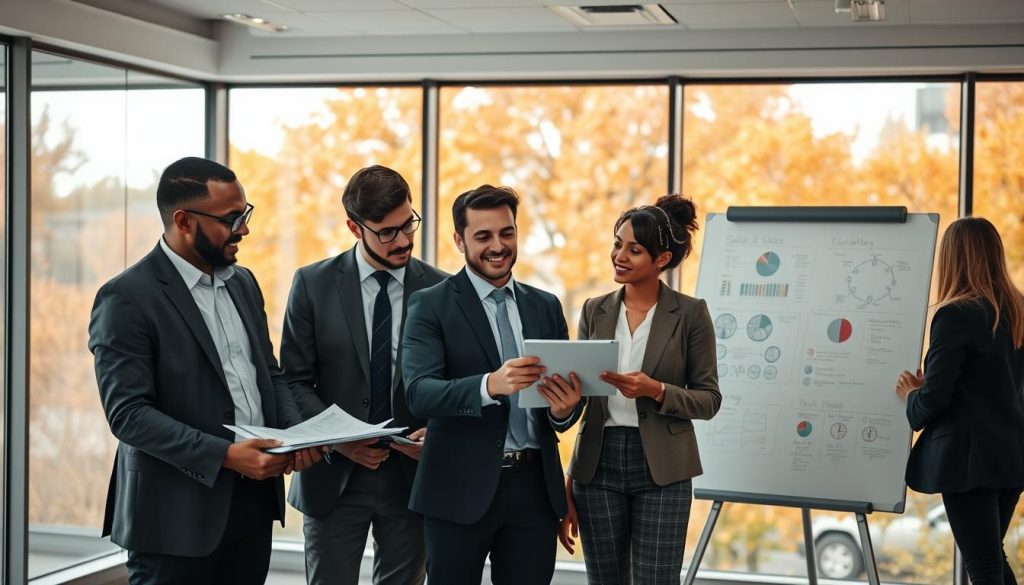 A modern office environment showcasing diverse professionals engaged in collaborative discussions about skills and organizational evolution. In the foreground, a group of three business individuals in smart attire—two men and one woman—are reviewing documents and charts on a digital tablet, illustrating a focus on understanding company needs and employee transitions. In the middle ground, a large whiteboard filled with diagrams and notes displays the themes of skills and organizational development. In the background, expansive windows reveal an autumn landscape with trees in vibrant fall colors, symbolizing change. Soft natural light floods the room, creating a warm and inviting atmosphere. The scene conveys a sense of professionalism and teamwork, representative of UMALIS GROUP's mission to support career transitions.