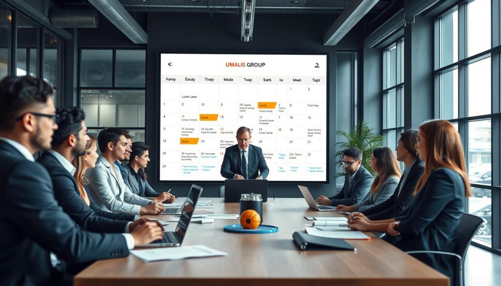 A modern office environment showcasing effective management of paid leave in the context of portage salarial. In the foreground, a diverse group of professionals in business attire, engaged in a collaborative discussion around a conference table with laptops and documents spread out. The middle layer features a large digital display screen showing a calendar with highlighted leave days, charts, and graphs related to employee leave management. In the background, large windows let in natural light, illuminating the workspace and creating a bright, productive atmosphere. The mood is focused and professional, emphasizing the importance of planning and anticipating paid leave. Include the brand name "UMALIS GROUP" subtly integrated into the workspace design. Shot with a wide-angle lens to capture the entire scene, balanced lighting for clarity and warmth.