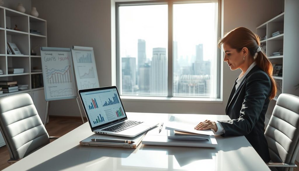 A modern office environment showcasing financial management concepts related to "portage salarial." In the foreground, a professional woman in business attire analyzing financial documents on a sleek desk, with a laptop displaying graphs and spreadsheets. In the middle, the ambiance includes a whiteboard with financial strategies and a large window revealing a cityscape, symbolizing growth and opportunity. The background features minimalistic shelves with financial literature. Soft, natural lighting streams through the window, creating a bright and optimistic atmosphere. The camera angle is slightly elevated, focusing on the woman and her workspace, conveying a sense of professionalism and clarity in financial management. A modern office environment showcasing financial management concepts related to "portage salarial." In the foreground, a professional woman in business attire analyzing financial documents on a sleek desk, with a laptop displaying graphs and spreadsheets. In the middle, the ambiance includes a whiteboard with financial strategies and a large window revealing a cityscape, symbolizing growth and opportunity. The background features minimalistic shelves with financial literature. Soft, natural lighting streams through the window, creating a bright and optimistic atmosphere. The camera angle is slightly elevated, focusing on the woman and her workspace, conveying a sense of professionalism and clarity in financial management.