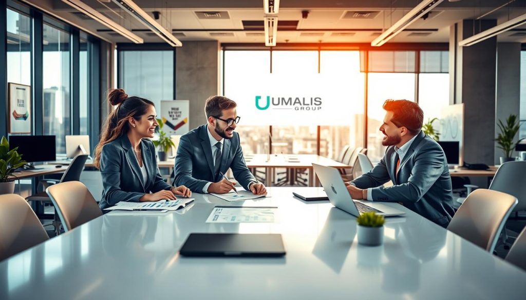 A modern office environment showcasing "portage salarial" in action. In the foreground, a diverse group of three professionals in business attire (a woman discussing with a man and a non-binary person at a sleek conference table). They are engaged in a conversation, reviewing documents and laptops that display graphs and charts. In the middle ground, an open workspace with individual workstations featuring modern desks, plants, and motivational posters. In the background, large windows letting in natural light, providing a view of a city skyline. The ambiance is collaborative and dynamic, with a friendly atmosphere exemplifying professionalism. Bright, warm lighting highlights the interaction among the group. Include the logo of "UMALIS GROUP" subtly visible on a screen in the background, enhancing the theme of professional transition and support.