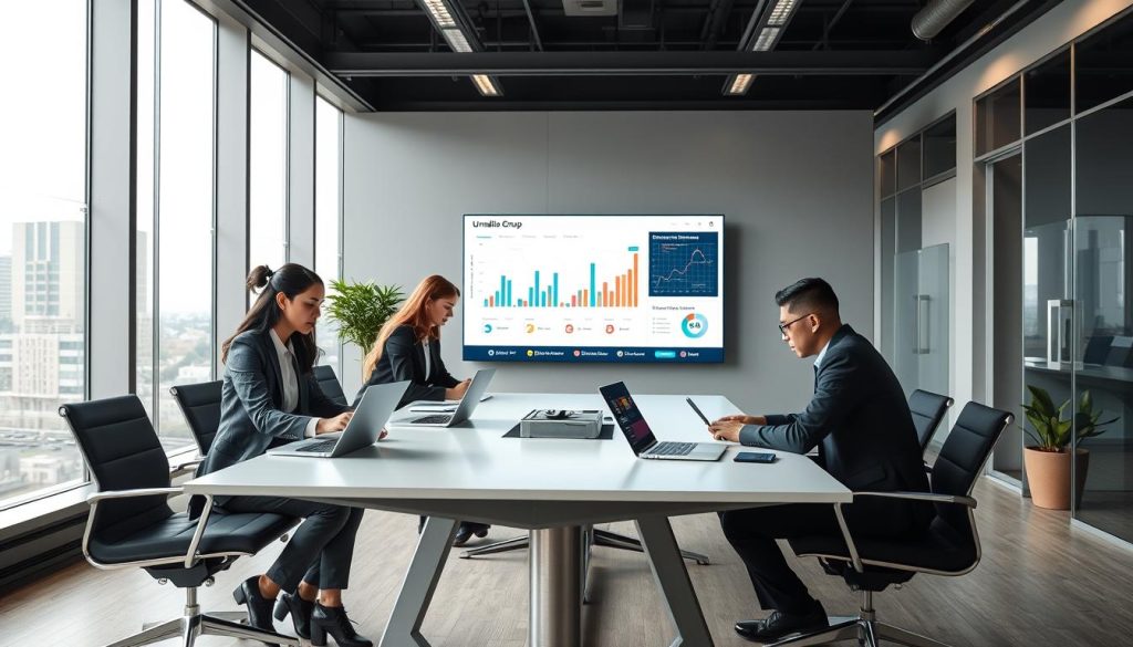 A modern office environment showcasing practical cybersecurity applications. In the foreground, a diverse group of three professionals in smart business attire collaborate around a sleek conference table, analyzing data on laptops and digital devices. In the middle ground, a large screen displays a cybersecurity dashboard with graphs and alerts, symbolizing success in data protection. The background features floor-to-ceiling windows with a city skyline view, inviting natural light, creating a bright and focused atmosphere. Soft, diffused lighting highlights the professional setting, enhancing a sense of innovation and teamwork. Include the logo “Umalis Group” subtly in the office décor. The mood is collaborative and forward-thinking, representing the triumphs in cybersecurity consulting.