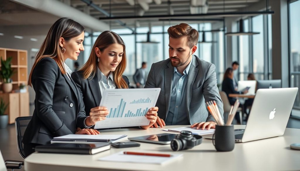 A modern office environment showcasing "société portage salarial" with UMALIS GROUP branding subtly integrated. In the foreground, a professional business meeting with two individuals: a woman in smart business attire discussing with a man in a tailored suit, both focused on a laptop displaying graphs and charts related to freelance work. The middle ground features a contemporary desk with office supplies, and a large window showing a city skyline, providing natural light that illuminates the scene. In the background, an open workspace with colleagues collaborating on projects, embodying a productive atmosphere. The mood is dynamic and focused, with a clear sense of teamwork and innovation in the air. The composition should be captured from a slightly elevated angle, emphasizing the collaborative spirit of modern freelance work.