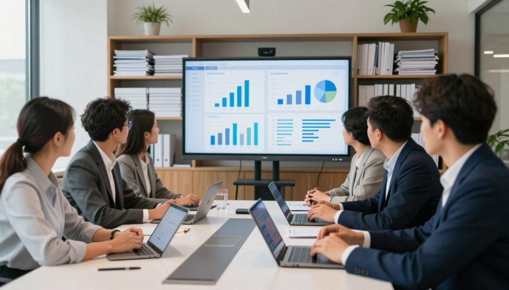 A modern office environment showcasing streamlined administrative processes. In the foreground, a diverse group of professionals, dressed in smart business attire, collaborates around a sleek conference table, examining digital tablets and laptops. In the middle, a large screen displays an organized dashboard with graphs and charts, symbolizing efficiency in management. The background features shelves stocked with neatly arranged paperwork and plants, enhancing a sense of order and professionalism. Soft, natural light filters through large windows, creating a warm and inviting atmosphere. The angle captures the engagement of the team, emphasizing teamwork and technology in simplifying administrative tasks. The scene conveys an air of productivity and clarity, reflecting the ease of administrative management in a company dedicated to portage.