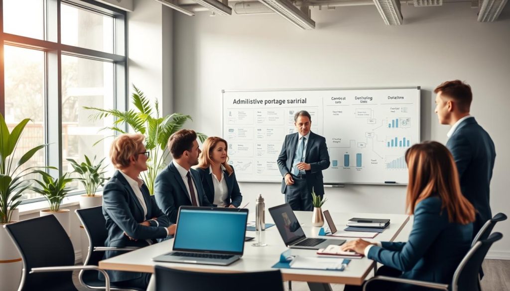 A modern office environment showcasing the administrative functioning of "portage salarial" with a focus on clarity and professionalism. In the foreground, a diverse group of four consultants, dressed in smart business attire, engage in a discussion around a conference table filled with documents, laptops, and charts. The middle ground features a large whiteboard with flowcharts illustrating the "portage salarial" process, alongside a laptop displaying data analysis. In the background, large windows allow natural light to stream in, creating an inviting atmosphere, while plants add a touch of greenery. The image should capture a dynamic yet focused mood, using soft lighting to enhance the professional tone. Incorporate elements that represent "Umalis Group", symbolizing innovation and support in the consulting industry. A modern office environment showcasing the administrative functioning of "portage salarial" with a focus on clarity and professionalism. In the foreground, a diverse group of four consultants, dressed in smart business attire, engage in a discussion around a conference table filled with documents, laptops, and charts. The middle ground features a large whiteboard with flowcharts illustrating the "portage salarial" process, alongside a laptop displaying data analysis. In the background, large windows allow natural light to stream in, creating an inviting atmosphere, while plants add a touch of greenery. The image should capture a dynamic yet focused mood, using soft lighting to enhance the professional tone. Incorporate elements that represent "Umalis Group", symbolizing innovation and support in the consulting industry.