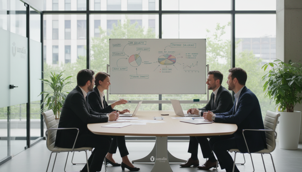 A modern office environment showcasing the advantages of administrative management in portage salarial, with a focus on job security and flexibility for freelancers. In the foreground, a diverse group of professionals in business attire are engaged in a discussion around a sleek conference table, with laptops and documents spread out. In the middle, a whiteboard displays colorful charts and graphs illustrating the benefits of portage salarial. The background features large windows letting in soft, natural light, creating an inviting atmosphere. A subtle hint of greenery outside adds to the uplifting mood. The composition is well-balanced, emphasizing collaboration and professionalism, with an elegant logo design of "Umalis Group" subtly integrated into the room’s decor, ensuring the scene remains focused on the theme of administrative support.