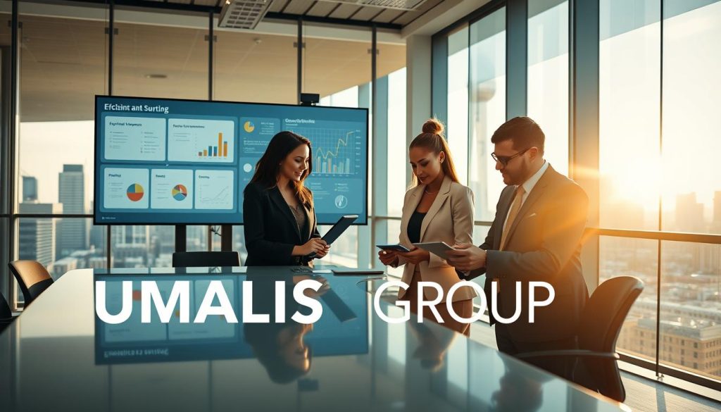 A modern office environment showcasing the advantages of outsourced administrative support. In the foreground, a diverse group of professionals in smart business attire—two women and one man—are engaged in a discussion around a sleek conference table, reviewing documents and tablets with focused expressions. The middle ground features a large digital screen displaying efficient workflow charts and graphs, symbolizing productivity and organization. The background contains floor-to-ceiling windows with a city skyline view, allowing natural sunlight to flood the space, creating a warm and inviting atmosphere. The overall scene conveys collaboration, professionalism, and the empowerment of outsourcing administrative tasks. Highlight the brand name "UMALIS GROUP" subtly integrated into the decor or digital display. Soft, natural lighting enhances the professionalism of the setting. A modern office environment showcasing the advantages of outsourced administrative support. In the foreground, a diverse group of professionals in smart business attire—two women and one man—are engaged in a discussion around a sleek conference table, reviewing documents and tablets with focused expressions. The middle ground features a large digital screen displaying efficient workflow charts and graphs, symbolizing productivity and organization. The background contains floor-to-ceiling windows with a city skyline view, allowing natural sunlight to flood the space, creating a warm and inviting atmosphere. The overall scene conveys collaboration, professionalism, and the empowerment of outsourcing administrative tasks. Highlight the brand name "UMALIS GROUP" subtly integrated into the decor or digital display. Soft, natural lighting enhances the professionalism of the setting.