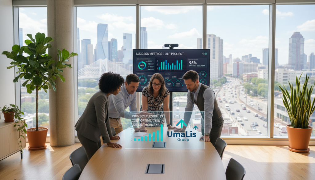 A modern office environment showcasing the advantages of "portage salarial" for businesses. In the foreground, a diverse group of professionals in business attire engage in a collaborative discussion around a sleek conference table. The middle ground features charts and graphs displayed on a digital screen highlighting project successes and flexibility. In the background, large windows reveal a bustling cityscape, symbolizing growth and opportunity. Natural light streams into the room, creating a warm and inviting atmosphere. Add a subtle hint of greenery with potted plants to enhance the professional setting. This image should reflect innovation and teamwork, with a branded logo for "Umalis Group" subtly incorporated into the digital screen for brand recognition.