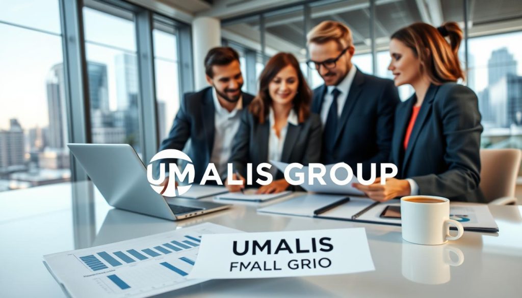 A modern office environment showcasing the advantages of "portage salarial" for consultants. In the foreground, a diverse group of two professionals (one man, one woman) in business attire, engaging in a discussion over documents that display financial graphs and charts. The middle layer features a sleek desk with a laptop, notepad, and a cup of coffee, symbolizing productivity. In the background, large windows with natural light streaming in, displaying a bustling cityscape. The overall atmosphere is one of professionalism and collaboration, highlighting security and support in consulting. Soft, warm lighting enhances the inviting mood. Include the logo "UMALIS GROUP" subtly on a document in the foreground, emphasizing the brand's association with the concepts of security and professional growth.