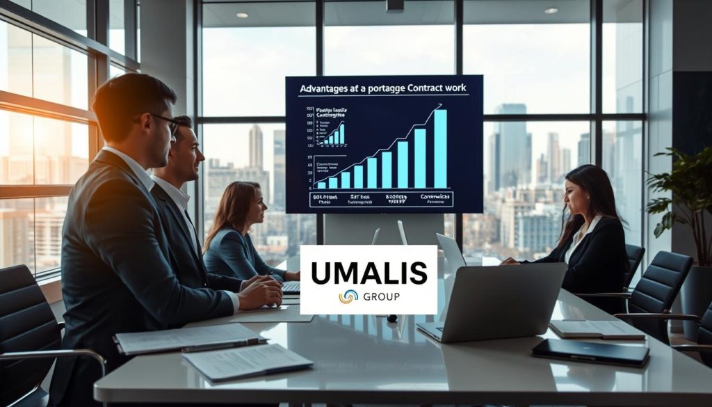 A modern office environment showcasing the advantages of "portage salarial" in the IT sector. In the foreground, a diverse group of three professionals (two men and one woman) dressed in formal business attire are engaged in a discussion around a sleek table with laptops and documents scattered. The middle scene features a wall-mounted digital display showing growth graphs and positive statistics relating to contract work. The background showcases large windows with natural light streaming in, highlighting a bustling cityscape outside. The atmosphere is collaborative and dynamic, reflecting innovation and flexibility in the tech industry. Emphasize a sense of professionalism and teamwork. Include the logo "UMALIS GROUP" subtly on a presentation slide within the scene.