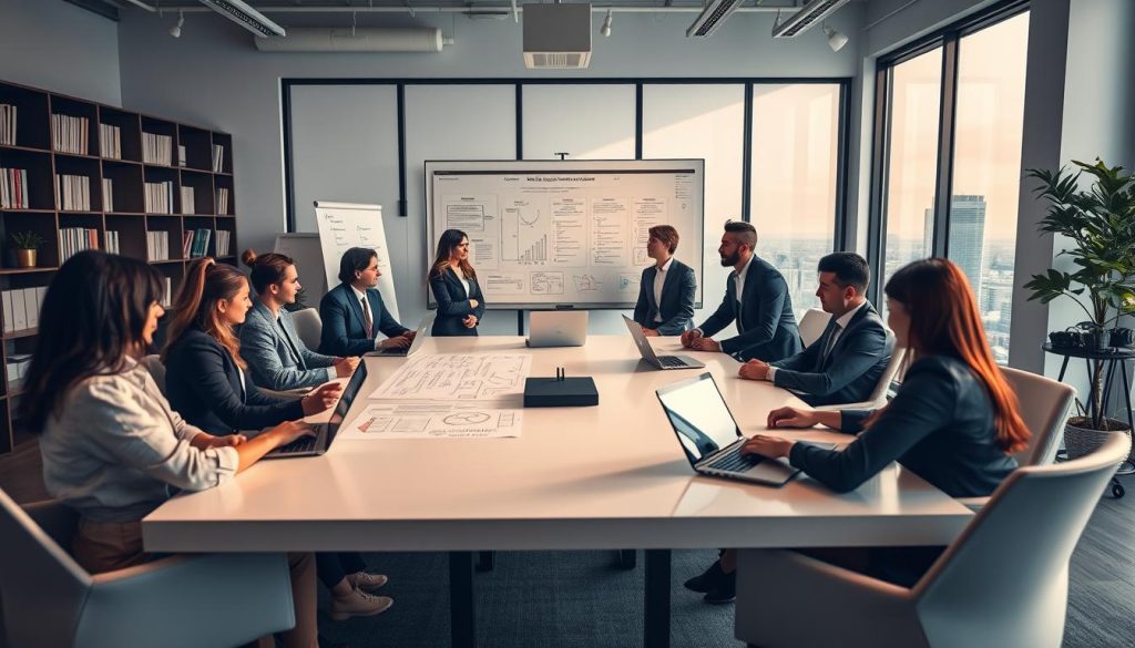 A modern office environment showcasing the advantages of "portage salarial" in the field of IT. In the foreground, a diverse group of professionals dressed in smart business attire engage in a productive meeting around a sleek conference table, with laptops and digital devices visible. The middle ground features a large whiteboard filled with flowcharts and strategies, illuminated by soft, natural lighting from large windows. In the background, shelves filled with tech references and a serene cityscape through the windows suggest a dynamic work atmosphere. The mood is collaborative and inspiring, conveying innovation and opportunity. Use a warm color palette to enhance the inviting atmosphere, and capture the scene from a slightly elevated angle to encompass the teamwork and focus on the benefits of portage salarial in IT careers. A modern office environment showcasing the advantages of "portage salarial" in the field of IT. In the foreground, a diverse group of professionals dressed in smart business attire engage in a productive meeting around a sleek conference table, with laptops and digital devices visible. The middle ground features a large whiteboard filled with flowcharts and strategies, illuminated by soft, natural lighting from large windows. In the background, shelves filled with tech references and a serene cityscape through the windows suggest a dynamic work atmosphere. The mood is collaborative and inspiring, conveying innovation and opportunity. Use a warm color palette to enhance the inviting atmosphere, and capture the scene from a slightly elevated angle to encompass the teamwork and focus on the benefits of portage salarial in IT careers.