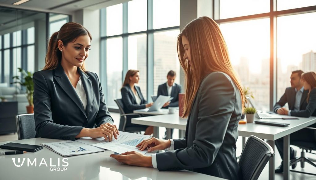 A modern office environment showcasing the benefits and security of portage salarial. In the foreground, a professional woman in a smart business suit confidently reviews documents at her desk, with a laptop displaying graphs indicating growth. In the middle ground, a diverse group of professionals engaged in a discussion, all dressed in professional attire, highlighting collaboration and teamwork. The background features large windows with a city skyline view, bathed in soft natural light, creating an uplifting atmosphere. Subtle elements like legal documents and laptops on the desks enhance the theme of security and professionalism. The scene is framed using a wide-angle lens for a spacious feel, reflecting a safe and dynamic work culture. Include the brand name "UMALIS GROUP" subtly integrated in the office decor.