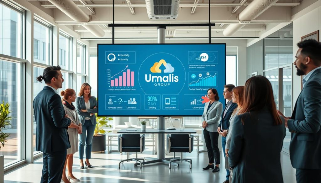 A modern office environment showcasing the benefits of "portage salarial" for cloud computing consultants. In the foreground, a diverse group of professionals in business attire are engaged in a collaborative discussion. The middle ground features a large digital screen displaying graphs and images representing flexibility, financial security, and professional growth, specifically highlighting the Umalis Group logo. The background illustrates a bright, open workspace with large windows allowing natural light to flood the room, creating a warm and inviting atmosphere. The overall mood is optimistic and professional, emphasizing the advantages of consulting through portage salarial, such as independence, stability, and innovation. The composition is well-balanced, focusing on teamwork and success without any text or distracting elements.