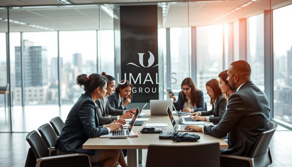 A modern office environment showcasing the concept of "Entreprises portage salarial". In the foreground, a diverse group of professionals in smart business attire are engaged in a discussion around a table filled with documents and laptops. They represent various nationalities, emphasizing inclusivity. In the middle ground, a glass wall displays the elegant logo of "UMALIS GROUP", symbolizing professionalism and trust. The background reveals a sleek, high-tech office space with large windows showing a bustling cityscape, bathed in natural sunlight. The mood is collaborative and optimistic, with a focus on teamwork and innovation. Soft, warm lighting enhances the inviting atmosphere, while a slight depth of field adds emphasis to the active group in the foreground.