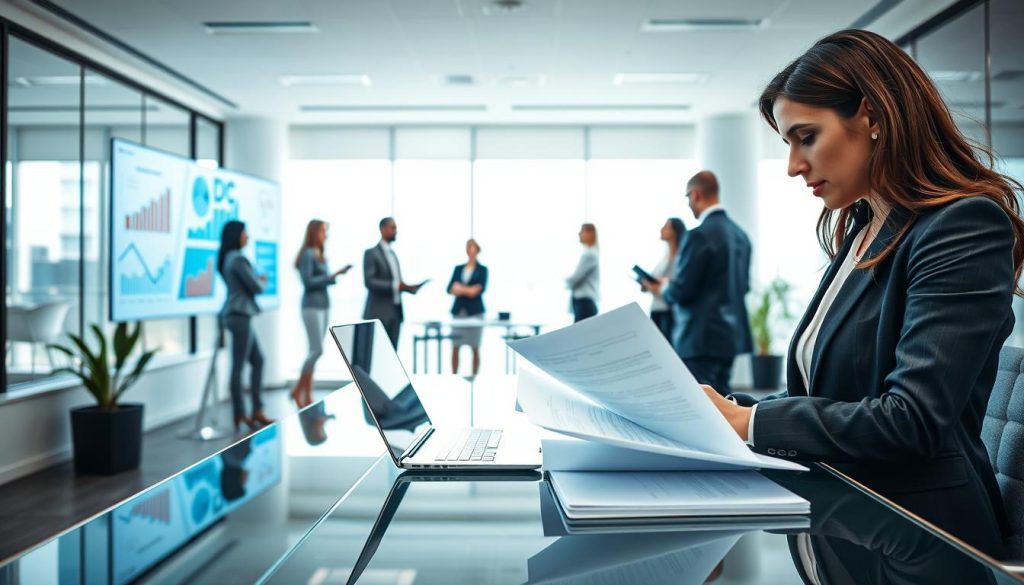 A modern office environment showcasing the concept of "Impact of Portage Salarial on Administrative Management". In the foreground, a professional woman in business attire is reviewing documents on a sleek glass desk, with a laptop open beside her. The middle ground features a diverse group of professionals engaged in a brainstorming session, with digital charts and data on a large screen behind them. In the background, large windows allow natural light to flood the room, creating a bright and optimistic atmosphere. Use soft lighting to enhance the focus on collaboration and productivity. The angle should be slightly elevated, capturing the dynamic interaction among the team while maintaining a clean and professional aesthetic that signifies efficiency and organization. A modern office environment showcasing the concept of "Impact of Portage Salarial on Administrative Management". In the foreground, a professional woman in business attire is reviewing documents on a sleek glass desk, with a laptop open beside her. The middle ground features a diverse group of professionals engaged in a brainstorming session, with digital charts and data on a large screen behind them. In the background, large windows allow natural light to flood the room, creating a bright and optimistic atmosphere. Use soft lighting to enhance the focus on collaboration and productivity. The angle should be slightly elevated, capturing the dynamic interaction among the team while maintaining a clean and professional aesthetic that signifies efficiency and organization.