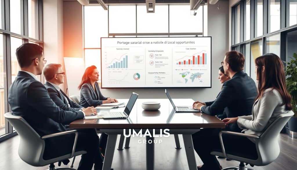 A modern office environment showcasing the concept of "Portage salarial" in a professional setting. In the foreground, a diverse group of business professionals in smart business attire are engaged in a discussion around a conference table, with documents and laptops in front of them. In the middle, a large whiteboard displays graphs and charts representing national employment data and local opportunities, illustrating the dual focus of portage salarial. The background features a sleek, contemporary office with large windows letting in soft, natural light, casting a warm glow over the scene. The atmosphere is collaborative and forward-thinking, symbolizing growth and opportunity. Include the brand name "UMALIS GROUP" subtly in the office decor.