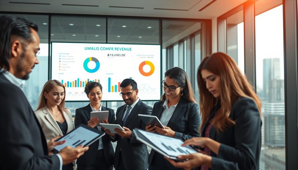A modern office environment showcasing the concept of client contribution to revenue and cash flow. In the foreground, a diverse group of business professionals, dressed in elegant business attire, are analyzing charts and graphs on digital tablets, with expressions of focus and determination. In the middle ground, a large screen displays financial data, including pie charts illustrating the client's share of revenue and cash flow, branded with "UMALIS GROUP." The background features a sleek office with glass walls, a city skyline visible through the windows under soft, natural lighting that conveys a sense of professionalism and urgency. The mood is analytical and forward-thinking, emphasizing the importance of financial assessment in business strategy.