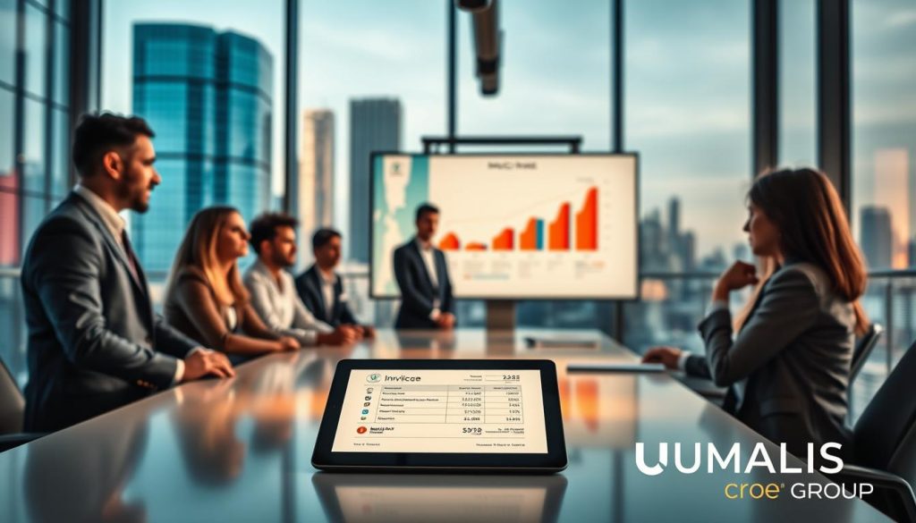 A modern office environment showcasing the concept of electronic invoicing reform, featuring a professional team of diverse individuals in business attire collaborating around a sleek conference table. In the foreground, a digital tablet displays a sample electronic invoice, illuminated by soft, warm lighting to emphasize modern technology. The middle ground includes charts and graphs on a large screen, depicting changes since September 2026, with bright colors enhancing clarity. In the background, large windows present a city skyline, adding a dynamic urban atmosphere. The overall mood is focused and optimistic, highlighting innovation and teamwork in finance. The branding of "UMALIS GROUP" subtly incorporated into the design elements throughout the image. A modern office environment showcasing the concept of electronic invoicing reform, featuring a professional team of diverse individuals in business attire collaborating around a sleek conference table. In the foreground, a digital tablet displays a sample electronic invoice, illuminated by soft, warm lighting to emphasize modern technology. The middle ground includes charts and graphs on a large screen, depicting changes since September 2026, with bright colors enhancing clarity. In the background, large windows present a city skyline, adding a dynamic urban atmosphere. The overall mood is focused and optimistic, highlighting innovation and teamwork in finance. The branding of "UMALIS GROUP" subtly incorporated into the design elements throughout the image.