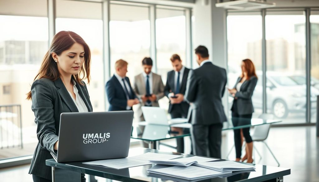 A modern office environment showcasing the concept of "entreprise portage" with a focus on professionalism. In the foreground, a well-dressed businesswoman, exuding confidence, reviews documents on her desk with the brand name "UMALIS GROUP" visible on her laptop. In the middle, a diverse group of professionals, including a man and a woman, discuss key points around a glass conference table, with papers and a laptop open in front of them. In the background, large windows allow natural light to flood the room, creating an inviting atmosphere. The lighting is warm and bright, emphasizing clarity and focus. The overall mood is collaborative and informative, reflecting a sense of responsibility and trust in business relationships.