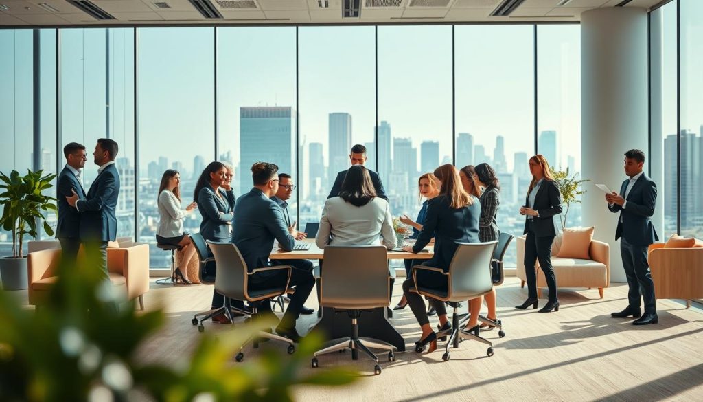 A modern office environment showcasing the concept of "flexibility in portage salarial." In the foreground, a diverse group of professionals in business attire are engaged in dynamic discussions around a conference table, each displaying various expressions of collaboration and creativity. In the middle ground, an open workspace with comfortable furniture and large windows reveals a bright atmosphere with natural light streaming in, adding warmth to the scene. The background features a city skyline visible through the glass walls, symbolizing opportunity and modernity. The overall mood is upbeat and inspiring, capturing the essence of contemporary work-life balance. Angle the scene from a slightly elevated viewpoint to provide depth and context to the setting.