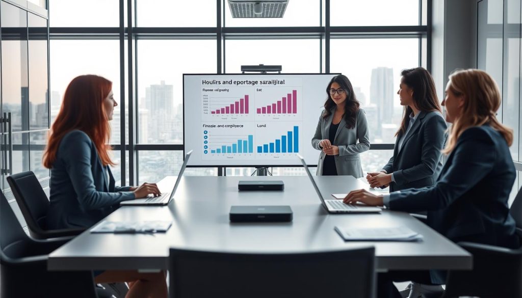 A modern office environment showcasing the concept of "portage salarial" in a professional context. In the foreground, a diverse group of three individuals—two women and one man—are engaged in a discussion, all dressed in smart business attire, conveying collaboration and professionalism. The middle ground features a sleek conference table with laptops, notepads, and a presentation screen displaying graphs related to finance and compliance. The background includes floor-to-ceiling windows with a city skyline, allowing natural light to fill the room, creating a bright and optimistic atmosphere. Soft shadows add depth, and a slight blur on the edges enhances focus on the subjects. Incorporate the brand "UMALIS GROUP" subtly into the presentation material on the screen. Aim for a balanced, engaging composition that reflects the framework of portage salarial.