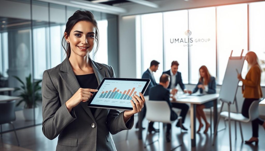 A modern office environment showcasing the concept of "portage salarial." In the foreground, a professional woman in business attire, confidently gesturing towards a digital tablet displaying graphs and financial data. In the middle ground, a diverse group of professionals in sleek business casual attire engaged in a collaborative discussion around a conference table, with one person writing on a whiteboard. The background features large windows with natural light flooding in, illuminating the space and creating a bright, inviting atmosphere. A sleek logo of "UMALIS GROUP" subtly placed on a wall. The scene conveys a sense of professionalism, teamwork, and modern business practices.