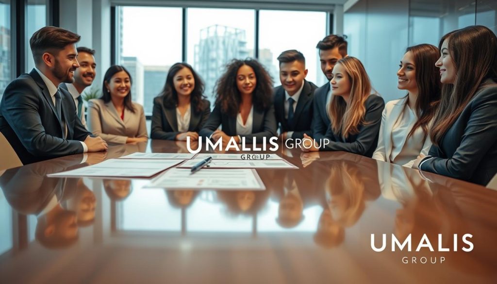 A modern office environment showcasing the concept of "protection sociale," emphasizing stability and security for young graduates. In the foreground, a diverse group of young professionals in smart business attire engaged in a discussion, looking confident and optimistic. Their expressions convey a sense of support and camaraderie. In the middle ground, transparent documents and financial plans are visible on a polished conference table, symbolizing comprehensive social protection benefits. In the background, large windows let in natural light, illuminating the room and creating a warm and inviting atmosphere. The overall mood is optimistic and professional, suggesting growth and security in the journey of young graduates. The logo of "UMALIS GROUP" subtly integrated into the office decor, reinforcing the theme of professional support and security.