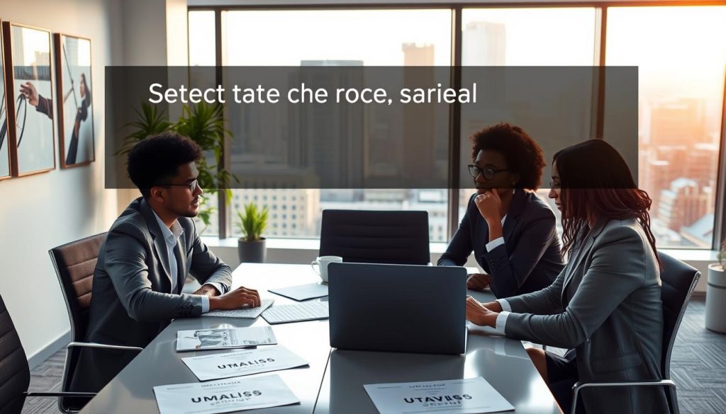 A modern office environment showcasing the concept of selecting a portage salarial company. In the foreground, a diverse group of three professionals in business attire are seated around a sleek conference table, engaged in a discussion, with a laptop open and documents scattered. In the middle ground, a large window reveals a cityscape bathed in soft, natural light, suggesting a late afternoon ambiance. The room is decorated with minimalistic artwork and indoor plants, enhancing a professional yet inviting atmosphere. The company logo "UMALIS GROUP" is subtly highlighted on marketing materials placed on the table. The overall mood is one of collaboration, clarity, and professionalism, emphasizing the importance of well-informed decision-making. A modern office environment showcasing the concept of selecting a portage salarial company. In the foreground, a diverse group of three professionals in business attire are seated around a sleek conference table, engaged in a discussion, with a laptop open and documents scattered. In the middle ground, a large window reveals a cityscape bathed in soft, natural light, suggesting a late afternoon ambiance. The room is decorated with minimalistic artwork and indoor plants, enhancing a professional yet inviting atmosphere. The company logo "UMALIS GROUP" is subtly highlighted on marketing materials placed on the table. The overall mood is one of collaboration, clarity, and professionalism, emphasizing the importance of well-informed decision-making.