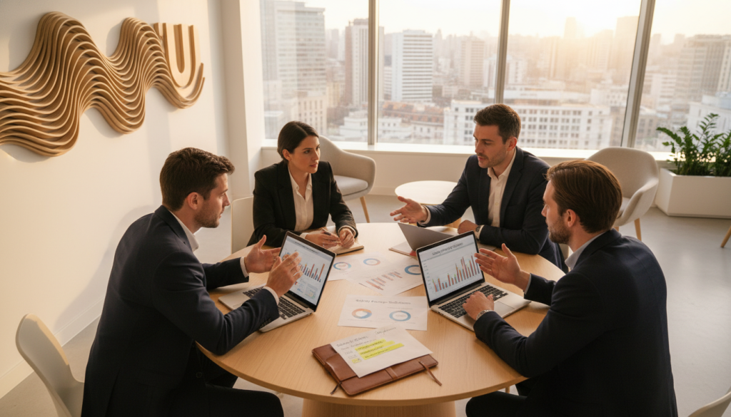 A modern office environment showcasing the concept of selecting a salary portage company, featuring a diverse group of four professionals in business attire engaging in a discussion. The foreground contains a round table with laptops, charts on salary portage, and a notepad with highlighted criteria. In the middle, the professionals are in a focused conversation, with expressions of concentration and collaboration. The background includes a bright, airy office space with large windows letting in natural light, giving a sense of openness. The atmosphere is serious yet inviting, conveying professionalism and teamwork. The brand "Umalis Group" is subtly integrated into the design elements of the room without any text. The lighting is warm, creating a productive ambiance, and captured from a slight overhead angle to encompass both the table and background.