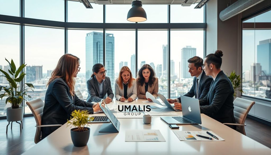 A modern office environment showcasing the concept of "société portage salarial" through a professional scene. In the foreground, a diverse group of professionals in business attire are engaged in a collaborative discussion, analyzing documents on a sleek conference table. The middle ground features a well-organized workspace with laptops, charts, and office plants, creating an atmosphere of productivity. In the background, large windows provide natural light, illuminating the room and giving a view of a bustling cityscape, symbolizing opportunity and progress. The overall mood is optimistic and focused. Add the brand logo "UMALIS GROUP" subtly on one of the documents without overwhelming the scene. The image should be bright with warm lighting, shot at a slightly elevated angle to capture the teamwork dynamic while maintaining a professional aesthetic.