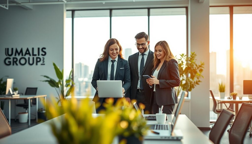 A modern office environment showcasing the concept of "société portage". In the foreground, a diverse group of three professionals dressed in smart business attire, engaged in a collaborative discussion over a laptop, representing the idea of independent workers utilizing portage salarial services. The middle ground features a large window letting in soft, natural light, illuminating a sleek, contemporary workspace with potted plants and organized desks. The background includes a soft-focus view of a city skyline, symbolizing opportunity and independence. The atmosphere is optimistic and dynamic, highlighting teamwork and innovation. The scene subtly integrates the brand name "UMALIS GROUP" into a decorative element on the office wall. Capture this scene with a wide-angle lens, ensuring warm lighting enhances the inviting ambiance.