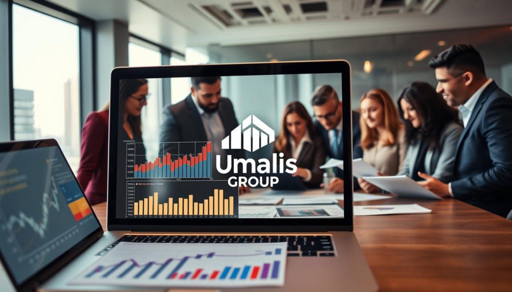 A modern office environment showcasing the financial and social impacts of different business systems, with a professional group of diverse individuals discussing over a large table. In the foreground, a laptop displays graphs and charts representing financial data. In the middle ground, a diverse team, dressed in professional business attire, showcases a mix of lively interactions, with documents and digital tablets filled with data. The background features a large window with a city skyline, symbolizing growth and opportunities. Warm lighting enhances the collaborative atmosphere, while a hint of soft-focus lens effect adds depth. Incorporate the logo of "Umalis Group" subtly within the laptop screen. The overall mood should reflect professionalism, collaboration, and insightful discussion. A modern office environment showcasing the financial and social impacts of different business systems, with a professional group of diverse individuals discussing over a large table. In the foreground, a laptop displays graphs and charts representing financial data. In the middle ground, a diverse team, dressed in professional business attire, showcases a mix of lively interactions, with documents and digital tablets filled with data. The background features a large window with a city skyline, symbolizing growth and opportunities. Warm lighting enhances the collaborative atmosphere, while a hint of soft-focus lens effect adds depth. Incorporate the logo of "Umalis Group" subtly within the laptop screen. The overall mood should reflect professionalism, collaboration, and insightful discussion.