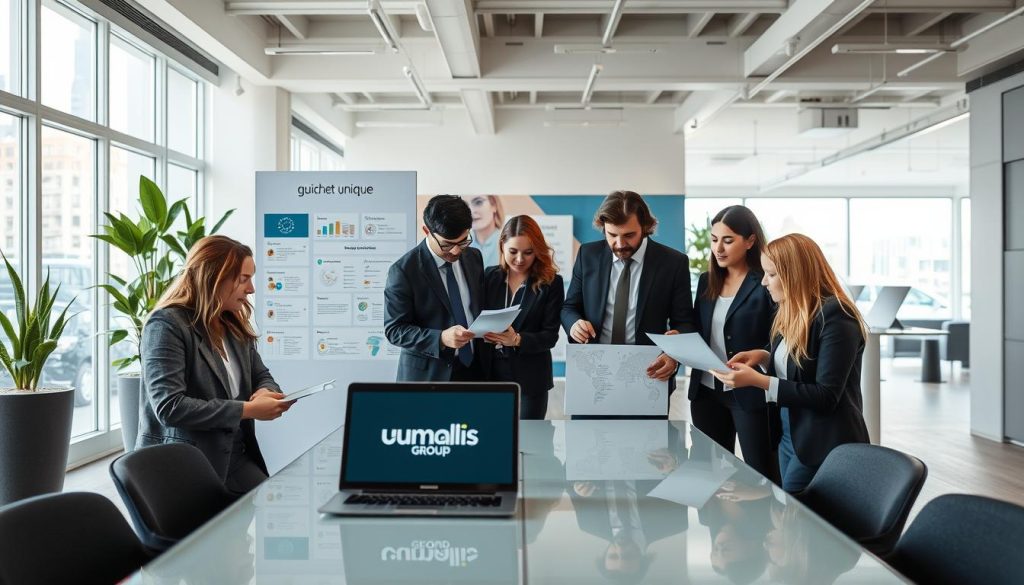 A modern office environment showcasing the "guichet unique" concept for business setup in France. In the foreground, a diverse group of professionals in smart business attire are collaborating at a sleek, glass table, looking at documents and a laptop displaying the Umalis Group logo. The middle ground features a well-organized informational kiosk labeled “guichet unique,” adorned with relevant charts and icons. The background shows a bright, airy space with large windows letting in natural light, contemporary decor including plants, and a view of the bustling city outside. The atmosphere is focused and professional, conveying a sense of support and efficiency in navigating business registration processes. The lighting is soft yet bright, enhancing the overall professional ambiance. A modern office environment showcasing the "guichet unique" concept for business setup in France. In the foreground, a diverse group of professionals in smart business attire are collaborating at a sleek, glass table, looking at documents and a laptop displaying the Umalis Group logo. The middle ground features a well-organized informational kiosk labeled “guichet unique,” adorned with relevant charts and icons. The background shows a bright, airy space with large windows letting in natural light, contemporary decor including plants, and a view of the bustling city outside. The atmosphere is focused and professional, conveying a sense of support and efficiency in navigating business registration processes. The lighting is soft yet bright, enhancing the overall professional ambiance.