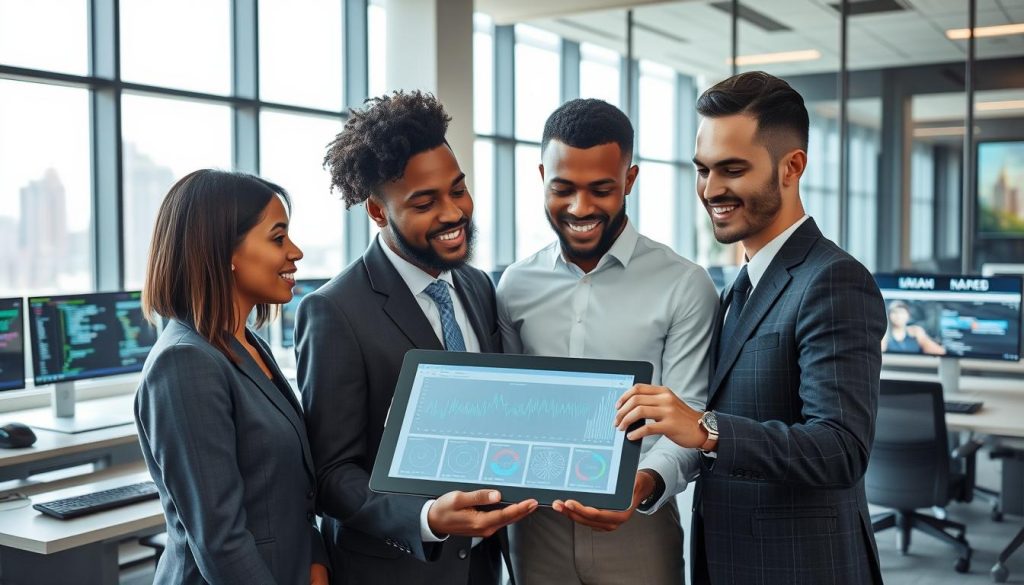 A modern office environment showcasing the impact of new information technologies and digital transformation. In the foreground, a diverse group of three professionals dressed in smart business attire, engaged in a discussion around a digital tablet displaying graphs and data analytics. The middle ground features sleek workstations with dual monitors displaying code, artificial intelligence interfaces, and virtual collaboration tools. The background includes large windows with a city skyline, letting in natural light, creating a bright and productive atmosphere. The scene is infused with a sense of innovation and teamwork, reflective of Umalis Group's mission in the digital landscape. Use bright, inviting lighting with a sharp focus. A modern office environment showcasing the impact of new information technologies and digital transformation. In the foreground, a diverse group of three professionals dressed in smart business attire, engaged in a discussion around a digital tablet displaying graphs and data analytics. The middle ground features sleek workstations with dual monitors displaying code, artificial intelligence interfaces, and virtual collaboration tools. The background includes large windows with a city skyline, letting in natural light, creating a bright and productive atmosphere. The scene is infused with a sense of innovation and teamwork, reflective of Umalis Group's mission in the digital landscape. Use bright, inviting lighting with a sharp focus.