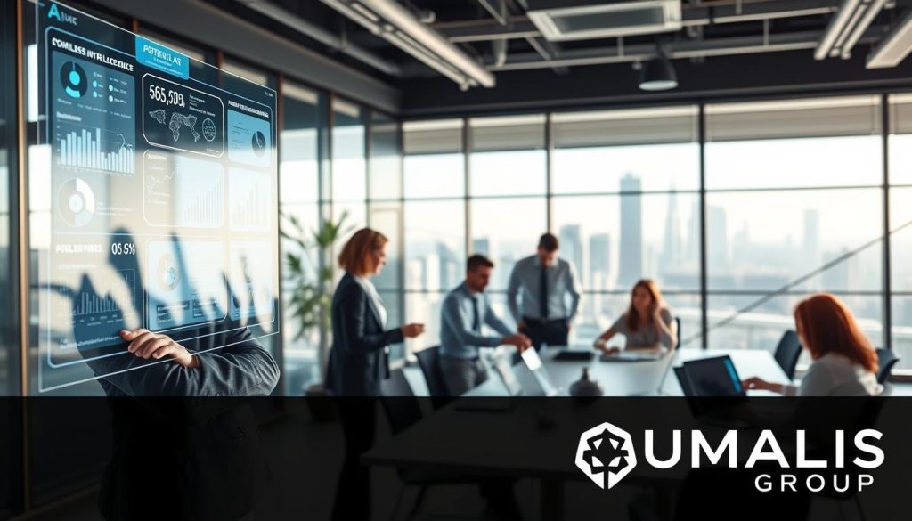 A modern office environment showcasing the intersection of artificial intelligence and business consulting. In the foreground, a confident consultant in professional attire discusses a digital interface filled with data analytics and AI visualizations. The middle layer features a diverse team collaborating around a conference table, equipped with laptops and tablets displaying AI-driven insights. In the background, glass windows reveal a city skyline, symbolizing innovation and progress. Bright, natural lighting enhances the productive atmosphere, with a slight focus on the consultant's engagement with the team. The mood is dynamic and forward-thinking, embodying the transformation of businesses through AI. The logo of "UMALIS GROUP" subtly integrated into the design.