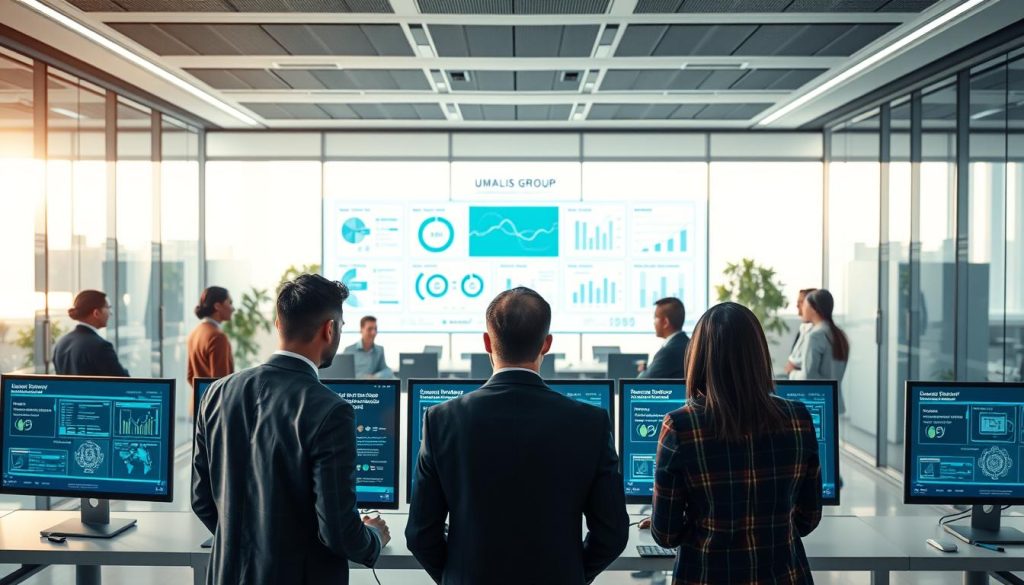 A modern office environment showcasing the supervision of AI agents in a clear framework. In the foreground, a diverse group of professionals in business attire, including men and women of different ethnicities, attentively monitoring multiple screens displaying data analytics and AI interface designs. The middle ground features a large digital display with charts and graphs illustrating human validation processes. In the background, a sleek office space with glass walls and soft, natural lighting streaming in, creating a collaborative atmosphere. The scene highlights the essence of supervisory roles, emphasizing clarity and structure in the management of AI agents. Additionally, incorporate the branding of "UMALIS GROUP" subtly visible within the office setting. The overall mood is professional and focused.