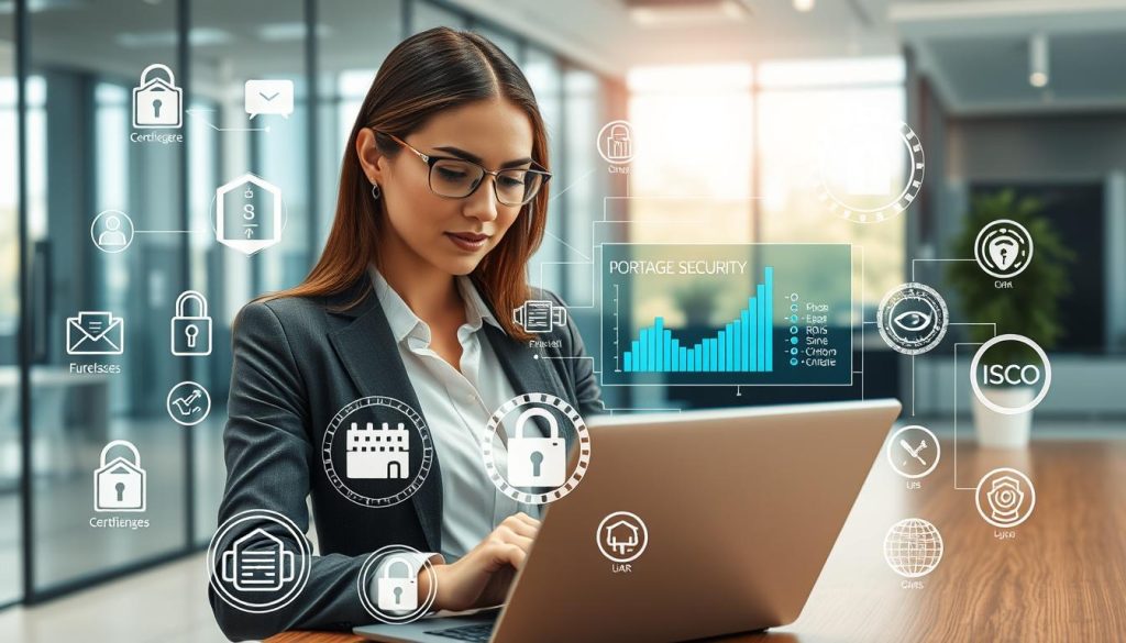 A modern office environment showcasing the theme of data security in the context of “portage salarial.” In the foreground, a professional-looking businesswoman, dressed in smart office attire, confidently reviews digital security protocols on a laptop. Surround her with various visual elements representing data security, such as encryption icons, firewalls, and ISO certification seals, artistically layered around her workspace. In the middle ground, an abstract digital interface displays graphs and statistics, symbolizing compliance and data analysis. The background features a sleek, futuristic office with glass walls, bathed in soft, natural lighting coming from a large window. The overall mood conveys professionalism, trust, and innovation, harmoniously integrating Umalis Group branding through subtle logo placements within the digital displays.